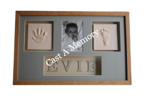 baby hand and foot clay impressions with photo in framed box